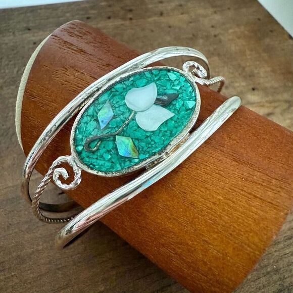 Vintage Alpaca Mexico Silver Abalone Crushed Turquoise Cuff Bracelet - Picture 1 of 6
